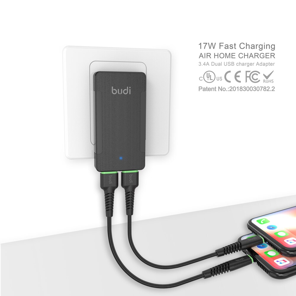 Budi Charger Usb Fast Charger Twee Usb-uitgang Poorten Voor Iphone 12 Samsung S10 Xiaomi Oplader Draagbare Inklapbare Quick Lading