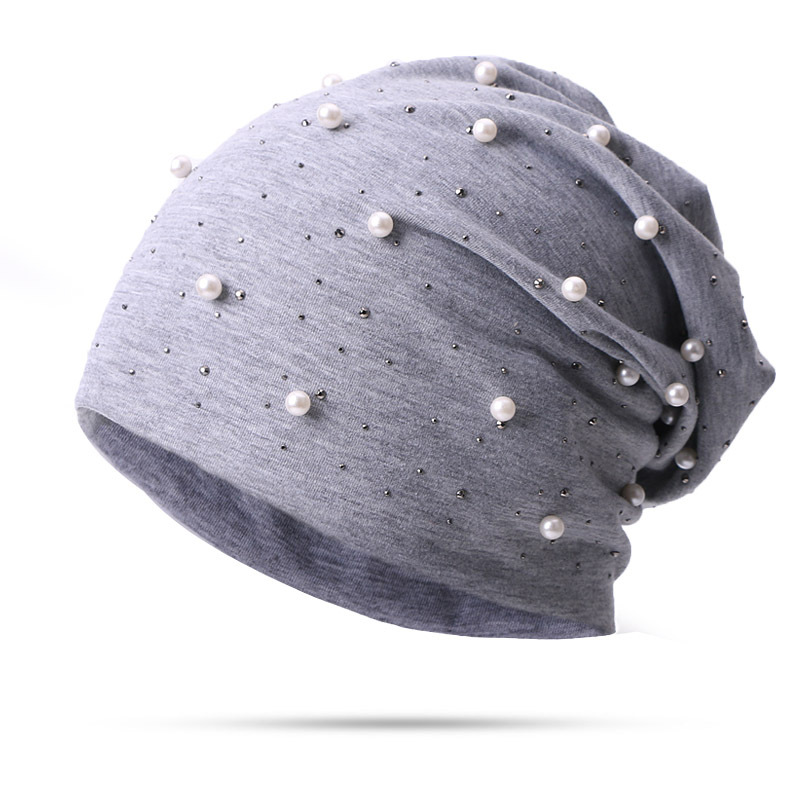Soft Cotton Autumn Spring Beanie Hats Women Girls Pearl Rhinestones Warm Skullies Caps Turban Bonnet Hat Female Ladies: Cotton Light grey 1