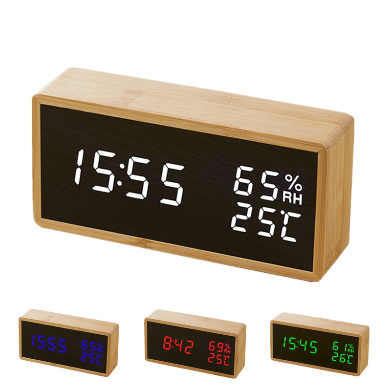 Modern Sound Control LED Alarm Clock Wooden Watch Despertador Temperature Humidity Electronic Desktop Digital Table Clocks