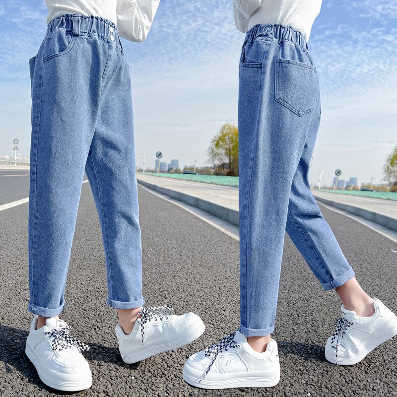 Pantalones Vaqueros azules para chicas adolescentes, Vaqueros de cintura alta Vintage, largos e informales, nuevos
