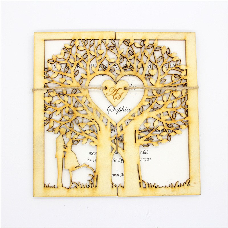 10 styks rustik bryllupsinvitation, træinvitation, papirinvitation, udskåret træ, livets træ, graveret hjerte, monogram: Med hjerte