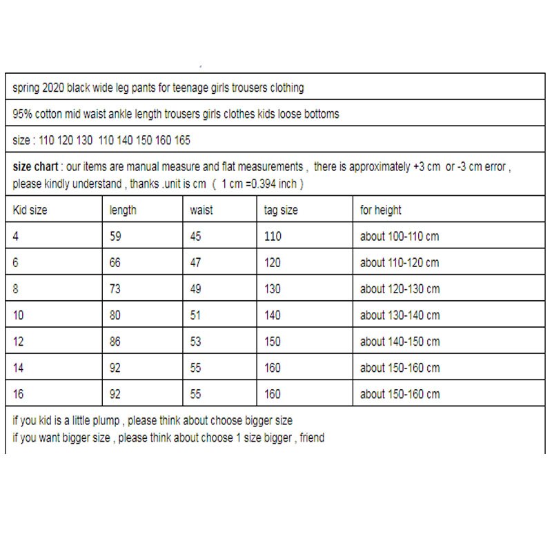 Spring Girls Loose Pants Clothing Kids Cotton Wide Leg Ankle Length Trousers Teenage Girls Casual Pant Children Bottoms