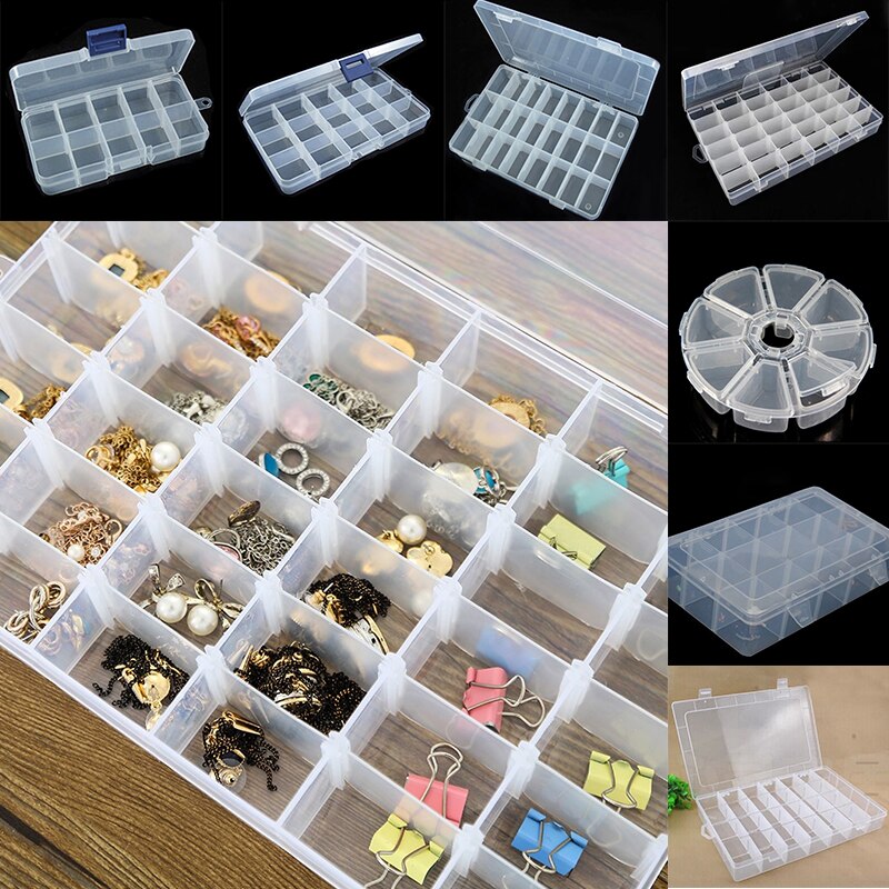 Adjustable 24 Compartment Transparent Plastic Storage Box Jewelry Earring Case small objects Caja de almacenaje