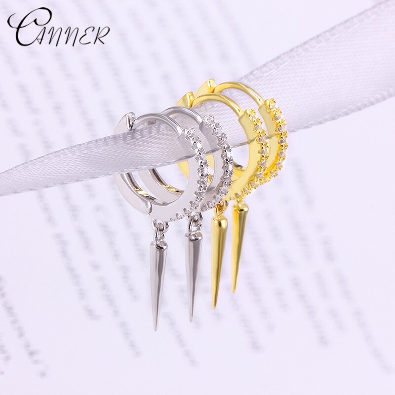 CANNER Punk Style Women's Earrings 100% 925 Sterling Silver Rivet Pendant Hoop Earrings for Women Single Row Crystal Earrings