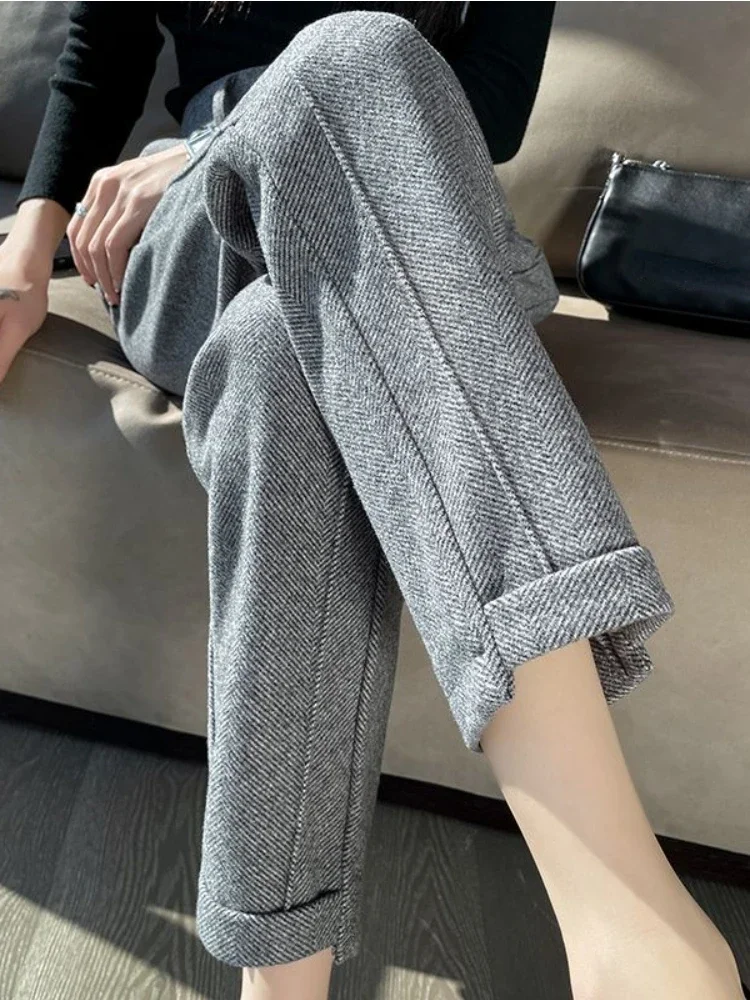 Pantalones rectos de Tweed de cintura alta para mujer, pantalón corto grueso y cálido, holgado, informal, en espiga, otoño/invierno, 2025