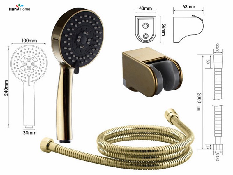 Gold ABS 3 Function Hand Held Shower Head &150cm shower hose & ABS Shower Holder