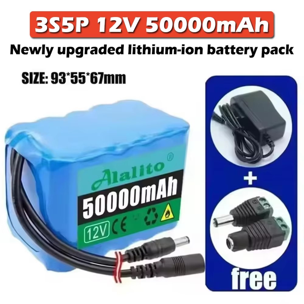 12V 50Ah 18650 Lithium Battery Pack 3S5P Rechargeable Battery with BMS 12.6v Charger for Fishing Bicycle Large Capacity Battery