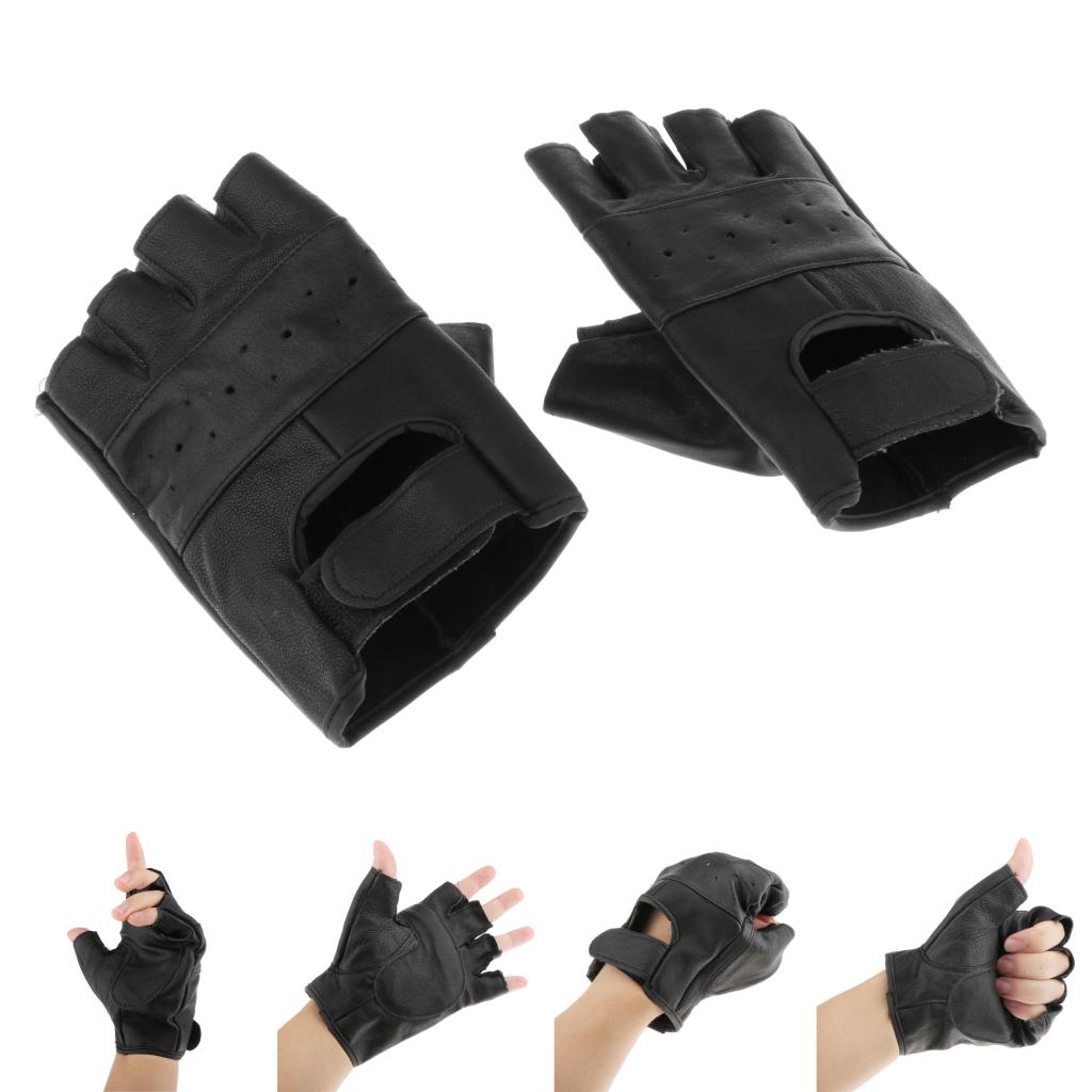 Unisex Punk Women Men Black Half Finger Leather Winter Fingerless Gloves