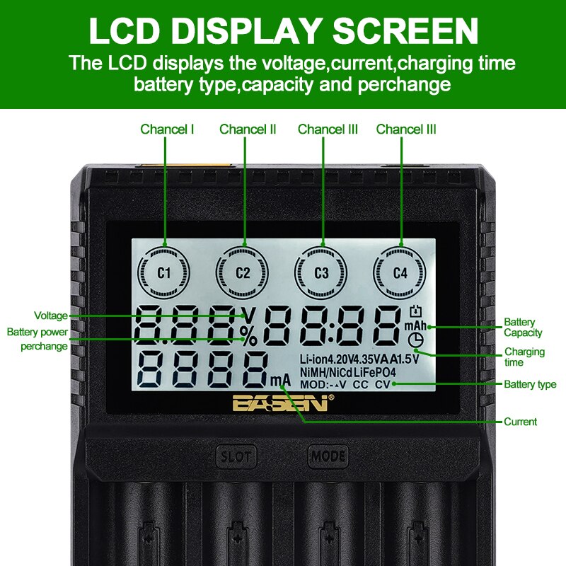 BASEN BL4 LCD Battery Charger for 18650 26650 21700 32700 3.7V/3.2V/1.2V AA AAA NiMH Battery 18650 Lithium Battery Charger