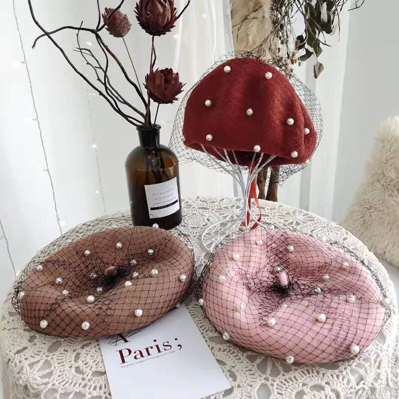 Lady Autumn Winter Berets Hat Pearl Lace Veil Painter Hat Women Sweet Vintage Berets Caps Female Bonnet Warm Walking Cap