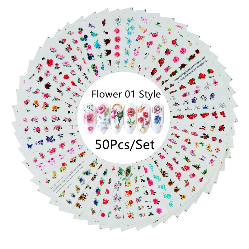 50 Ontwerpen Nail Stickers Set Gemengde Bloem Vogel Fruit Nail Art Decoratie Accessoires Water Transfer Decals Tattoos Manicure: Ivoor