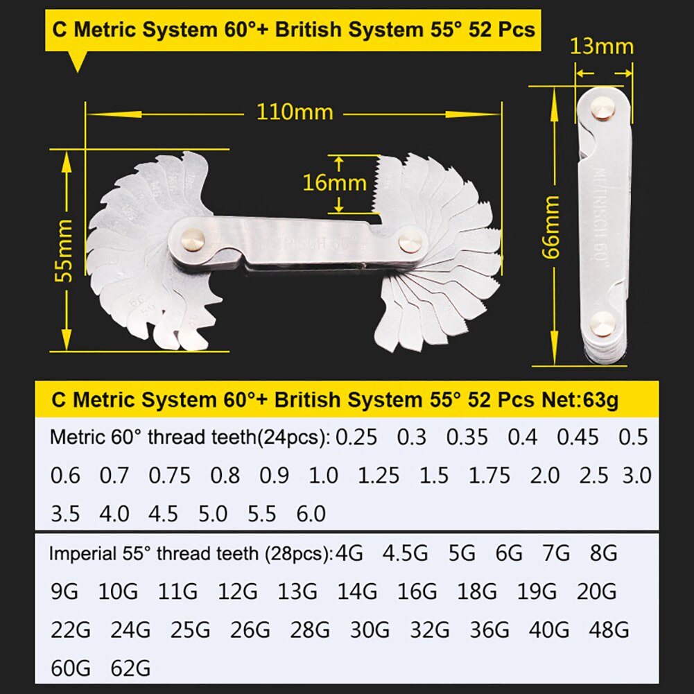 55/60 Degree Metric Inch Thread Gauge Gear Tooth Screw Pitch Gauges Measuring Carbon Steel Center Measurement Lathe tool: 52pcs