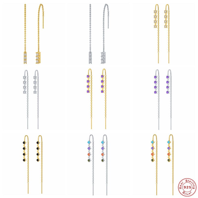 Aide 925 Sterling Zilver Kleurrijke Zirkoon Lange Ketting Kwast Threader Oorbellen Voor Vrouwen Oorbellen Partij Sieraden Pendientes