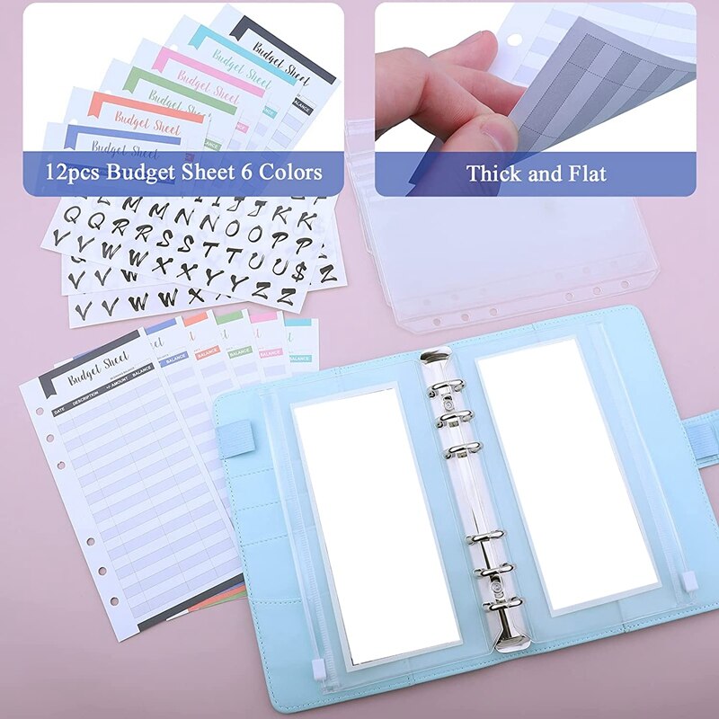 A6 PU Binder Case,With A6 Binder Pockets 12 Expense Budget Sheets Sticker Labels For 26 Categories Ring Budget Binder