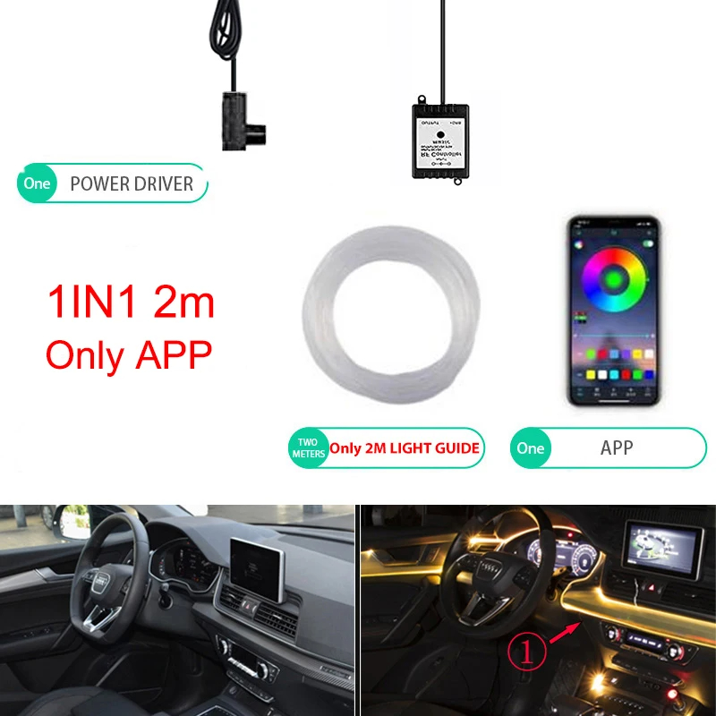 Iluminación LED ambiental de neón para coche, 6 en 1, 8m, RGB, tira de luz Interior de ambiente, Control por aplicación de fibra óptica, Lámpara decorativa LED automática: Marfíl / 3000 K de oro