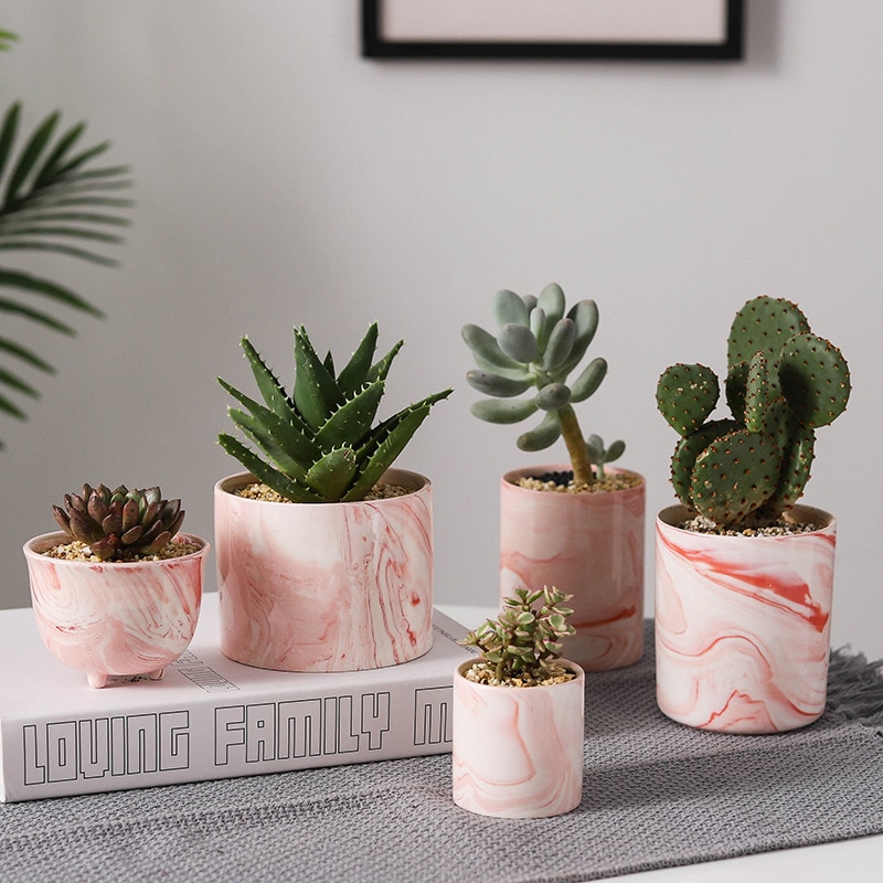 Nordic Style Ceramic Round Plant Pots Pink Marble Pattern Succulent Flowerpot with Hole Small Home Office Desktop Decor