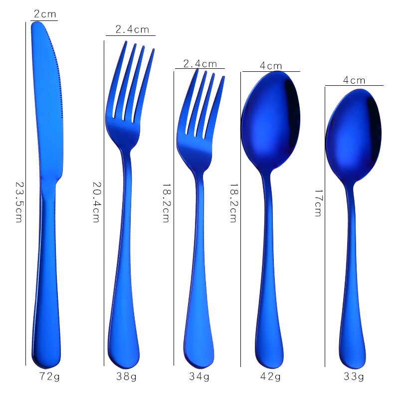 5 st set, färgglada bestick i rostfritt stål, svart bestick set, gafflar och skedar biff kniv set, middag cultery, matservering: Blå 5 st