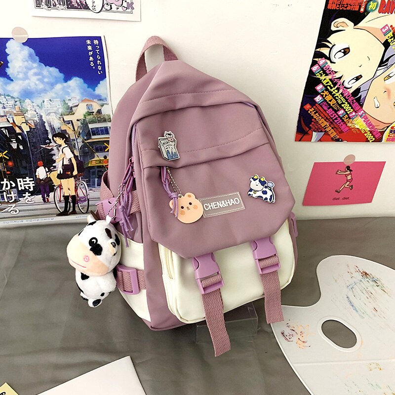 Teen Girls Small Backpack Cute contrast color female student mini schoolbag cool waterproof nylon travel backpack: Lavender / Only Backpack