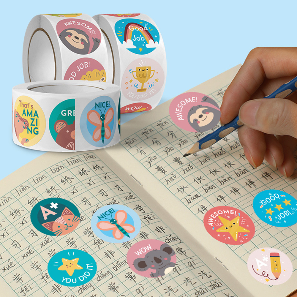 50-500Pcs Round English Cartoon Animal Stickers Teacher Reward Students Stickers Self-adhesive Stationery Stickers