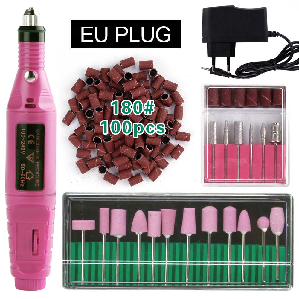 Elektryczne aparaty do Manicure urządzenie do Pedicure kwarcowe wiertła do paznokci 100Pc szlifowanie taśmy szlifierskie pilnik do paznokci bufor żel usuń: Pink EU Plug 180