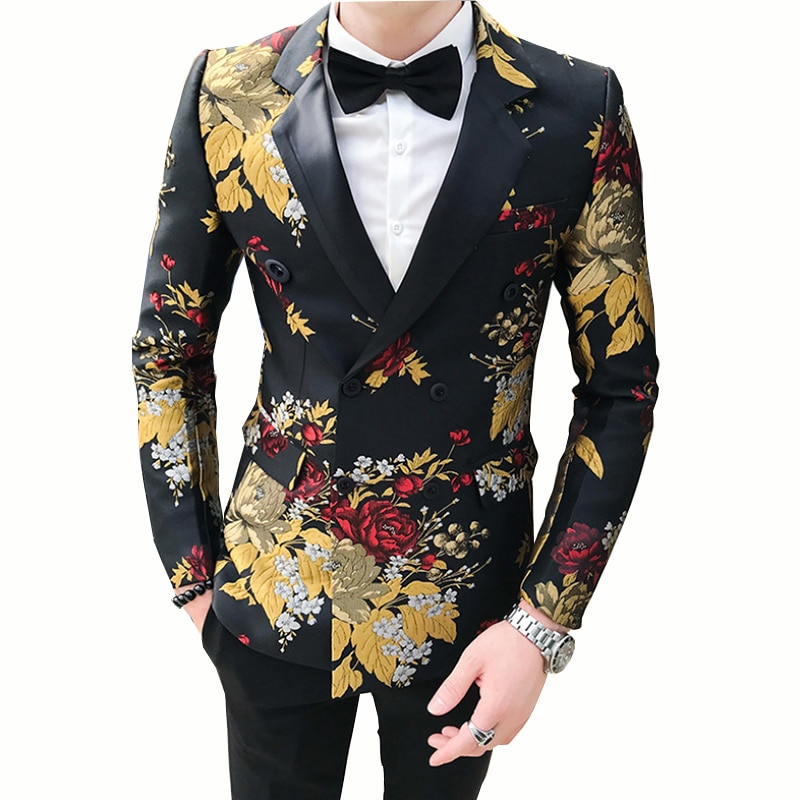Trend mænds casual jakkesæt dobbeltradet blazer bryllupsfest mænd printet blazer