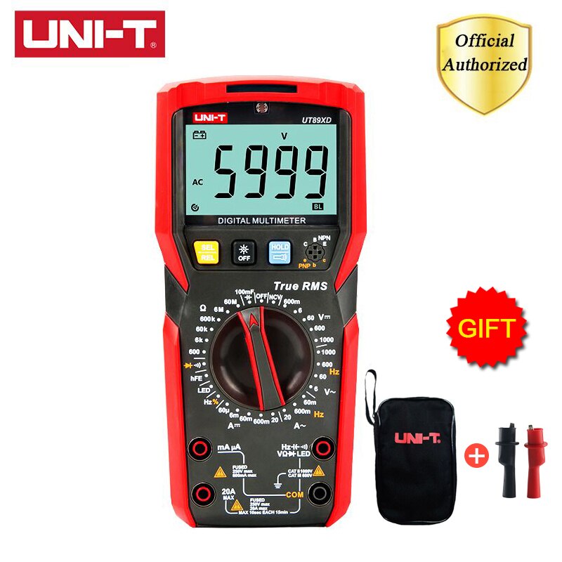 UNI-T UT89XD Digital Multimeter True RMS 1000V 20A AC DC Voltmeter Capacitance Resistance Tester with LED Measure: UT89XD with Bag