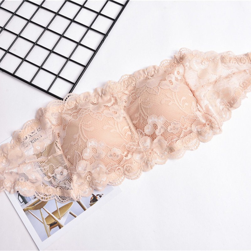 Arherigele Lace Full Cup Flower Bra Crop Top Strapless Underwear Push Up Bra Seamless Thickening Wrapped Chest Bras for Ladies