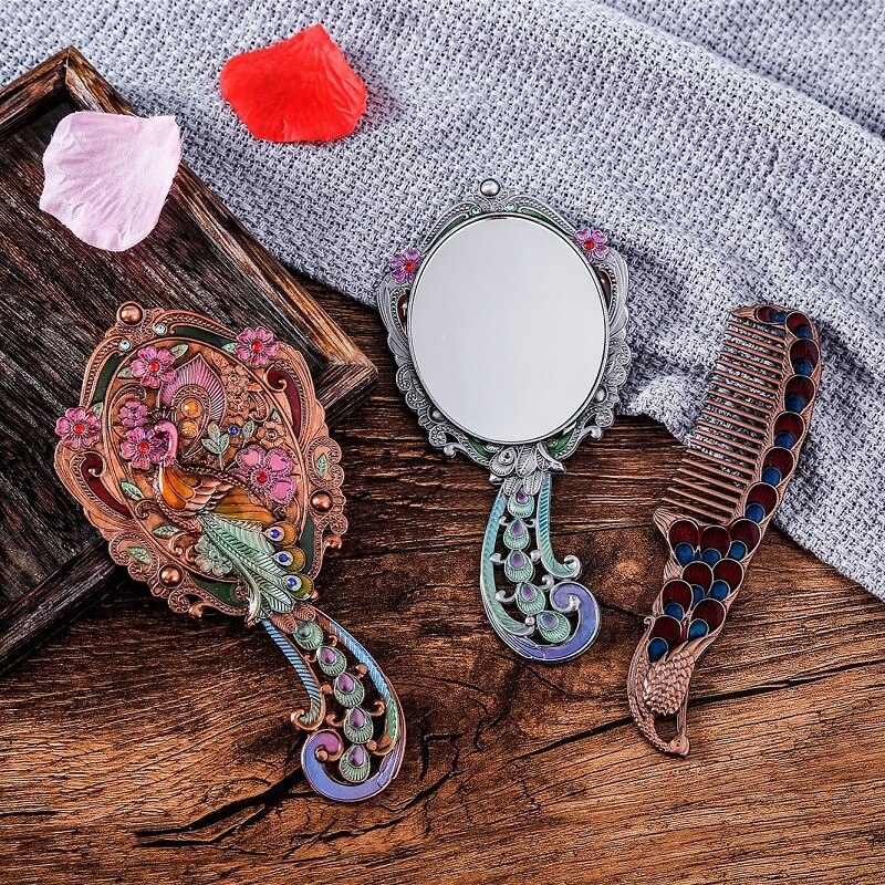 Makijaż lustro chiński Vintage Hollow-out rzeźba Rhinestone lustro zestaw grzebieni z pudełko eleganckie z kieszeniami lustro dla kobiet