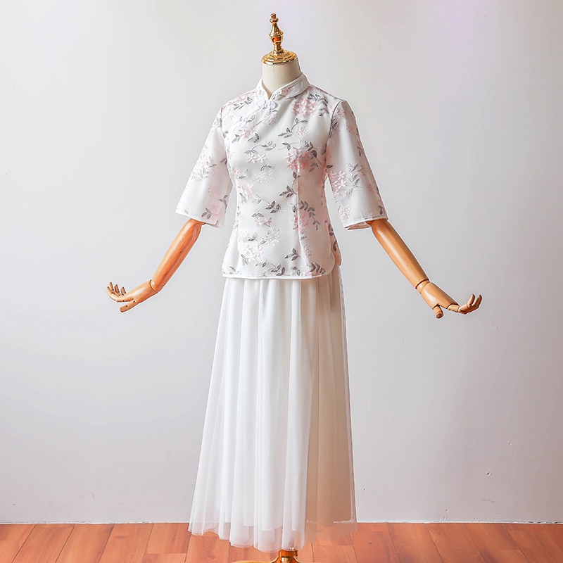 2 stykker/sett halvermet broderi vintage moderne tradisjonell kinesisk kjole qipao cheongsam kinesiske brudepikekjoler