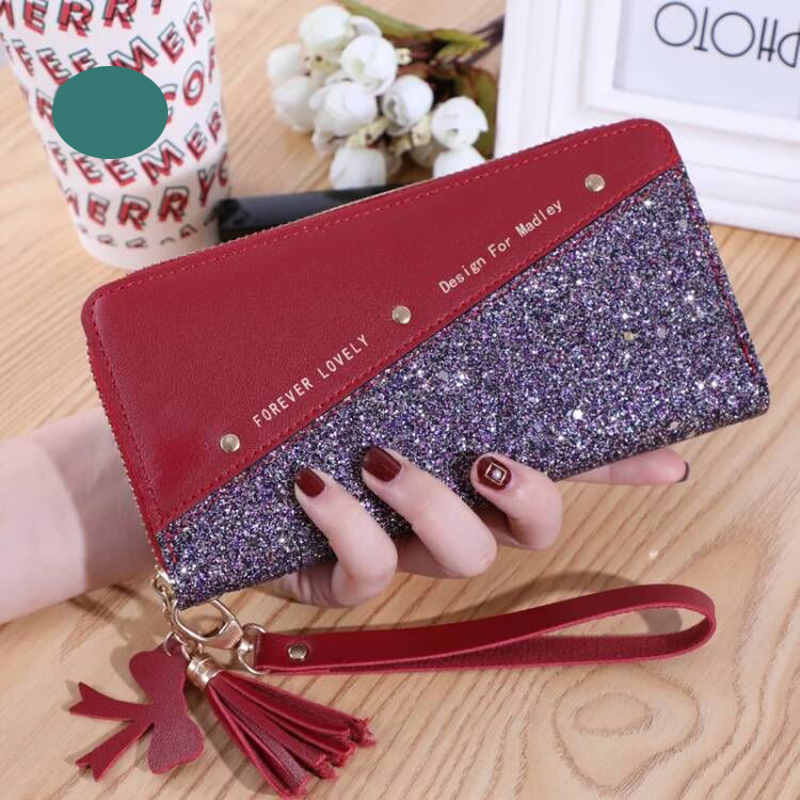 Glitter Shining Wallet Long Women's Zipper Wallet - Korean Splicing, Color Contrast, Tassel, and Rivet Details: Red