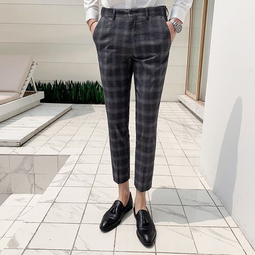 Men's Boutique Plaid Formal Business Suit Pants Men's Wedding Dress Suit Pants Brand Men's Casual Trousers Male: Gray / M