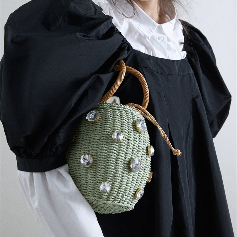 Sommer rund rattan håndlavet diamant perle taske boheme fritid strå taske spand strikning skulder crossbody perler strandtaske