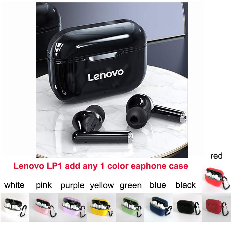 Lenovo LP1 TWS Wireless Earphone Bluetooth 5.0 Dual Stereo Noise Reduction HIFI Bass Touch Control Long Standby 300mAH Headset: black with cover