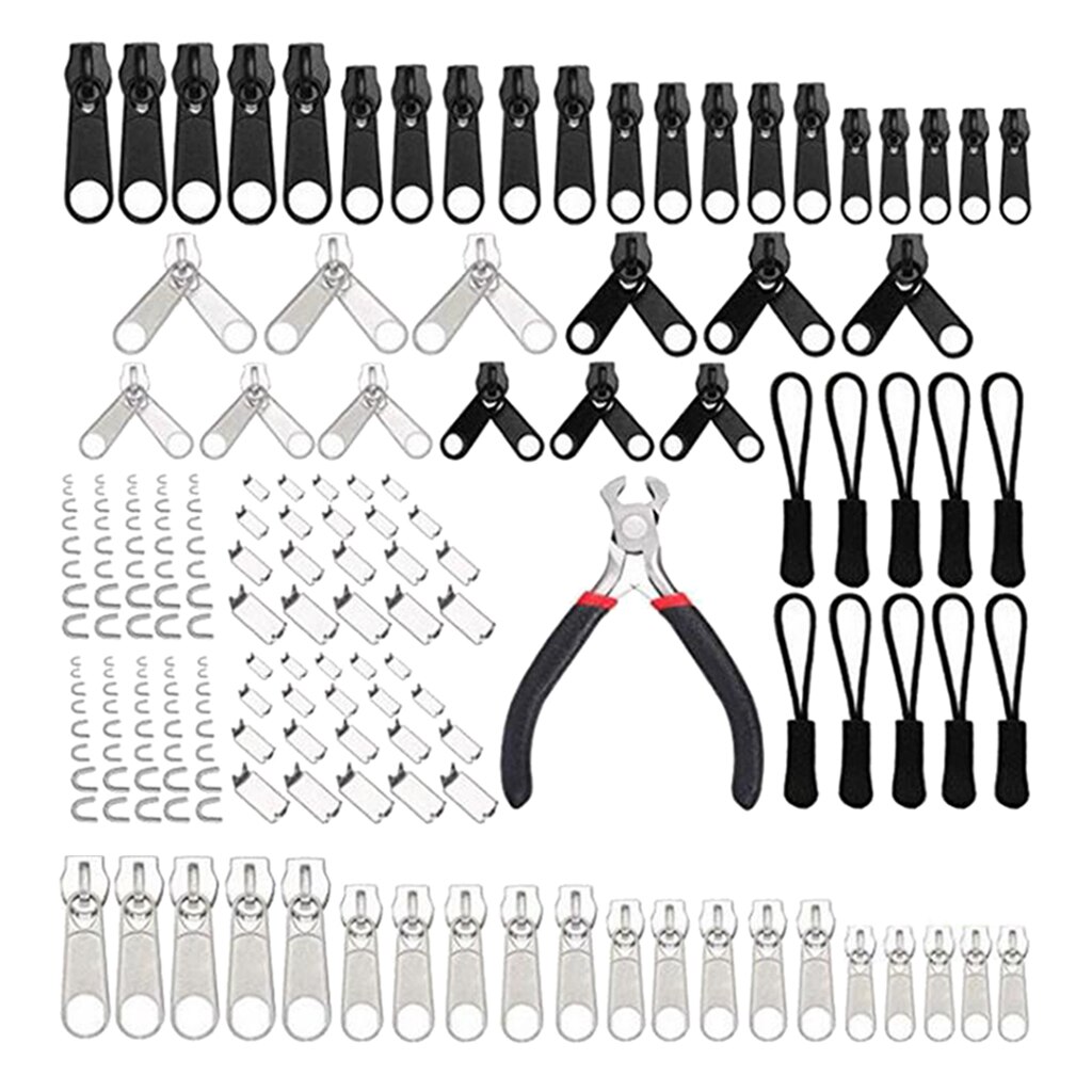 183Pcs Zipper Repair Kit Replacement Full Set Zipper Pull Puller Rescue Kit with Install Plier Tool - Silver and Black