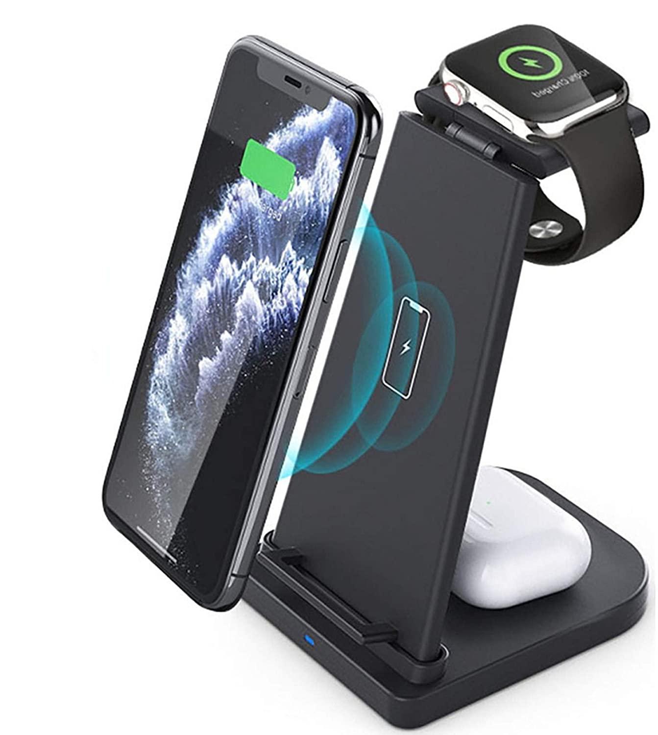 Wireless Charger 3 in 1 Station for Apple Watch 7 6 SE 5 4 Airpods Pro 15W Fast Charging Stand For iPhone 13 12 11 XS XR X 8: 3 In 1 Black