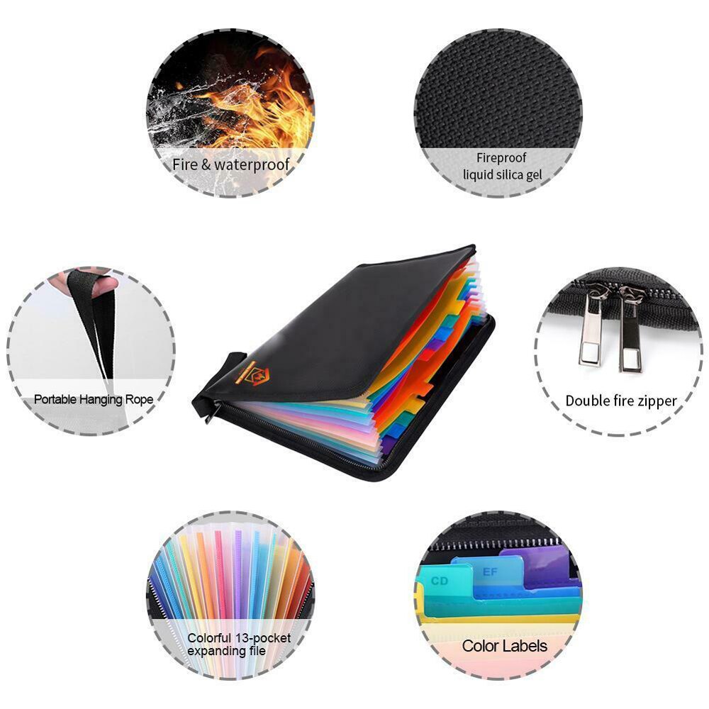 1 P Fireproof File Folder 13 Individual Pocket Portable Fireproof Water Resistant Document Bag Large Capacity File Folder