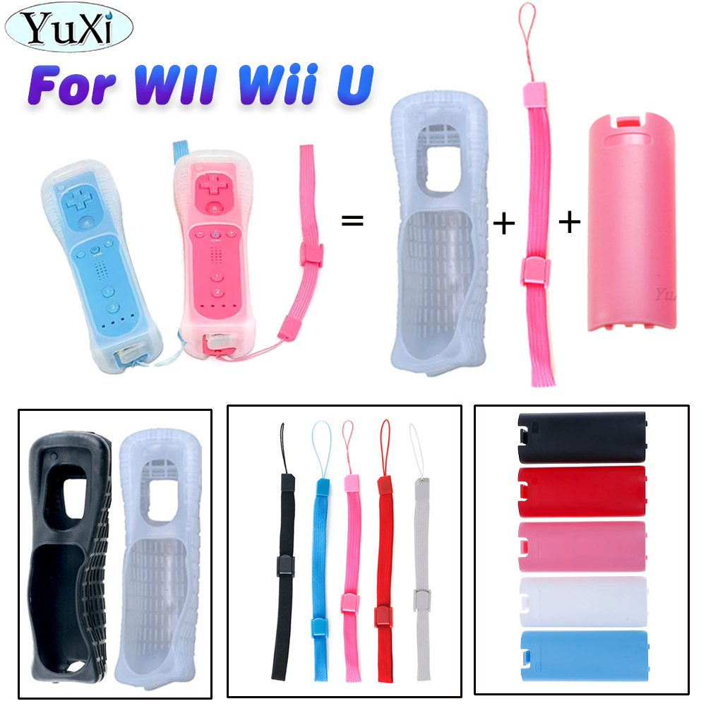 1 impostato custodia protettiva in silicone custodia per porta posteriore batteria kit cinturino da polso per parte telecomando WII Wii U