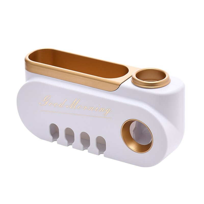 Soporte para cepillo de dientes multiusos, dispensador automático de pasta dental, estante de almacenamiento de maquillaje, juegos de accesorios de baño, artículos para el hogar: White Gold