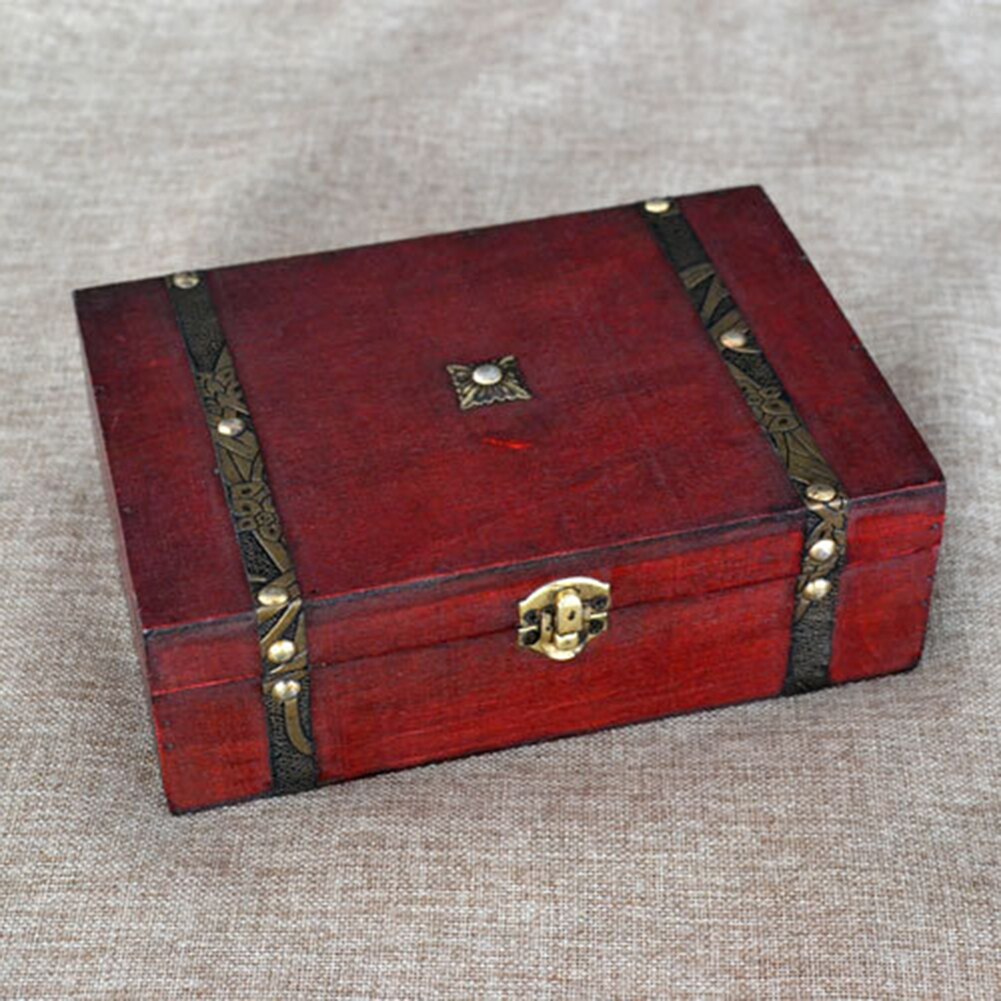 Vintage træ skattekiste opbevaringsboks lås organisator sag foldbar mini lille træ hjem indretning container trinket smykker bin