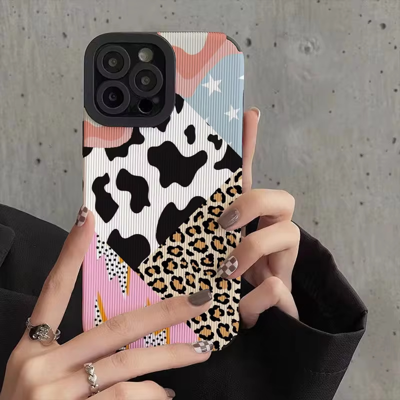 Bonita funda de teléfono de silicona de cuero de vaca de leopardo creativa INS para Apple iPhone 15 12 13 14 11 Pro Max, fundas de mujer a prueba de golpes