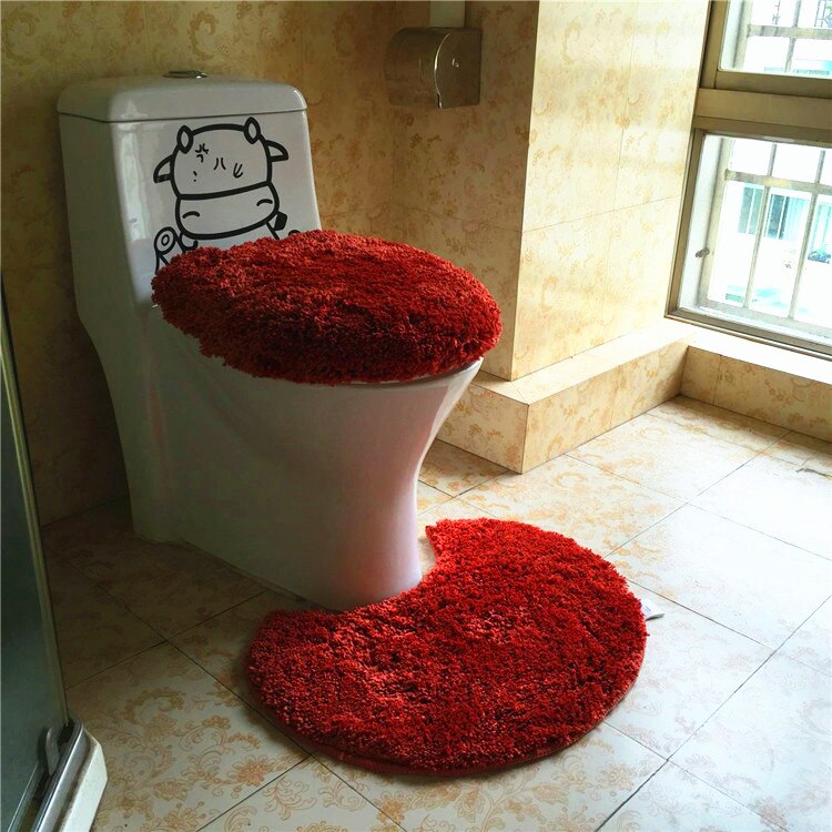 3pcs/Set Plush Solid Color Toilet Set Seat Cover Rug Potty Sets Thick Toilet Ring Set Bathroom Mat Overcoat Toilet Case: Dark red
