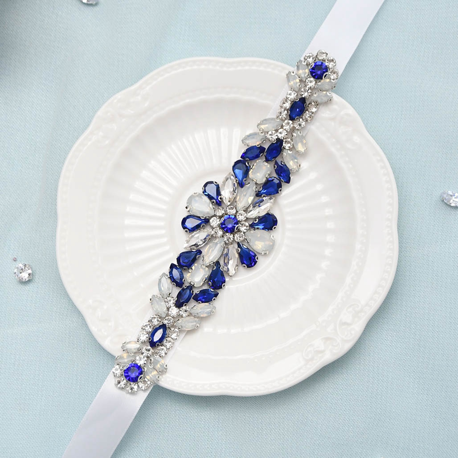 Ægte billede kongeblåt rhinestone bælte kvinder fancy bælte krystal slim bælte dekorativt bælte blå pailletter bælte brudekjole bælte: Applikeret rhinestone