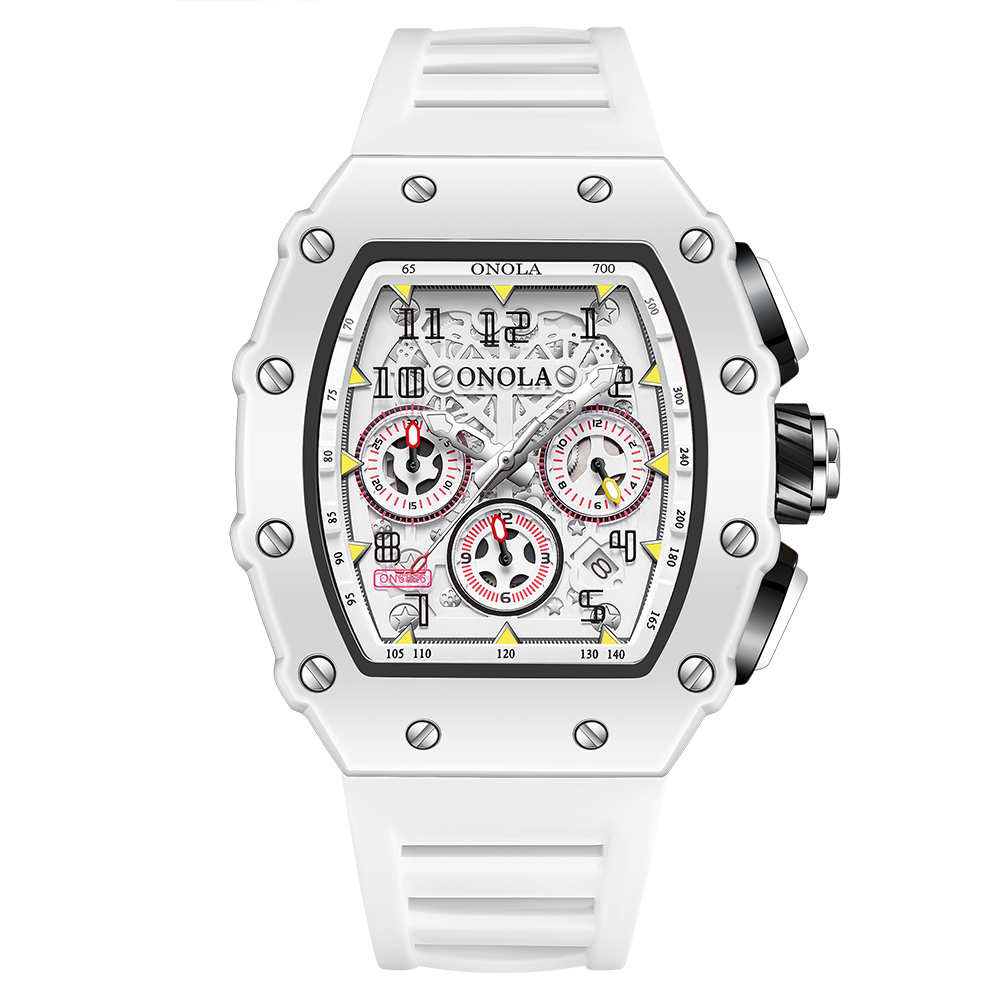ONOLA Uhren für Herren, modisch, lässig, Tonneau, multifunktional, weiches Silikonarmband, wasserdicht, weiße Quarz-Herrenuhr, Reloj Hombre: Rose