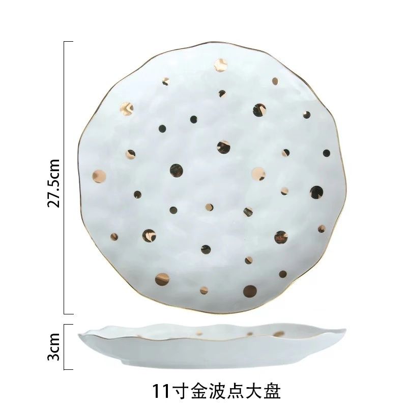 Europæisk guld bølgepunkt keramik porcelæn suppe skål frugt frugt bøf plade desserter fad sød mad plader: Plade -11 inches
