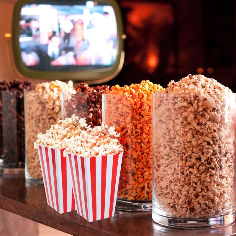 Cajas RAYA ROJA para palomitas de maíz, 24 Uds., cajas para dulces, cajas de cartón, bolsas de papel para cine en películas, mesas de postre, recuerdos de boda