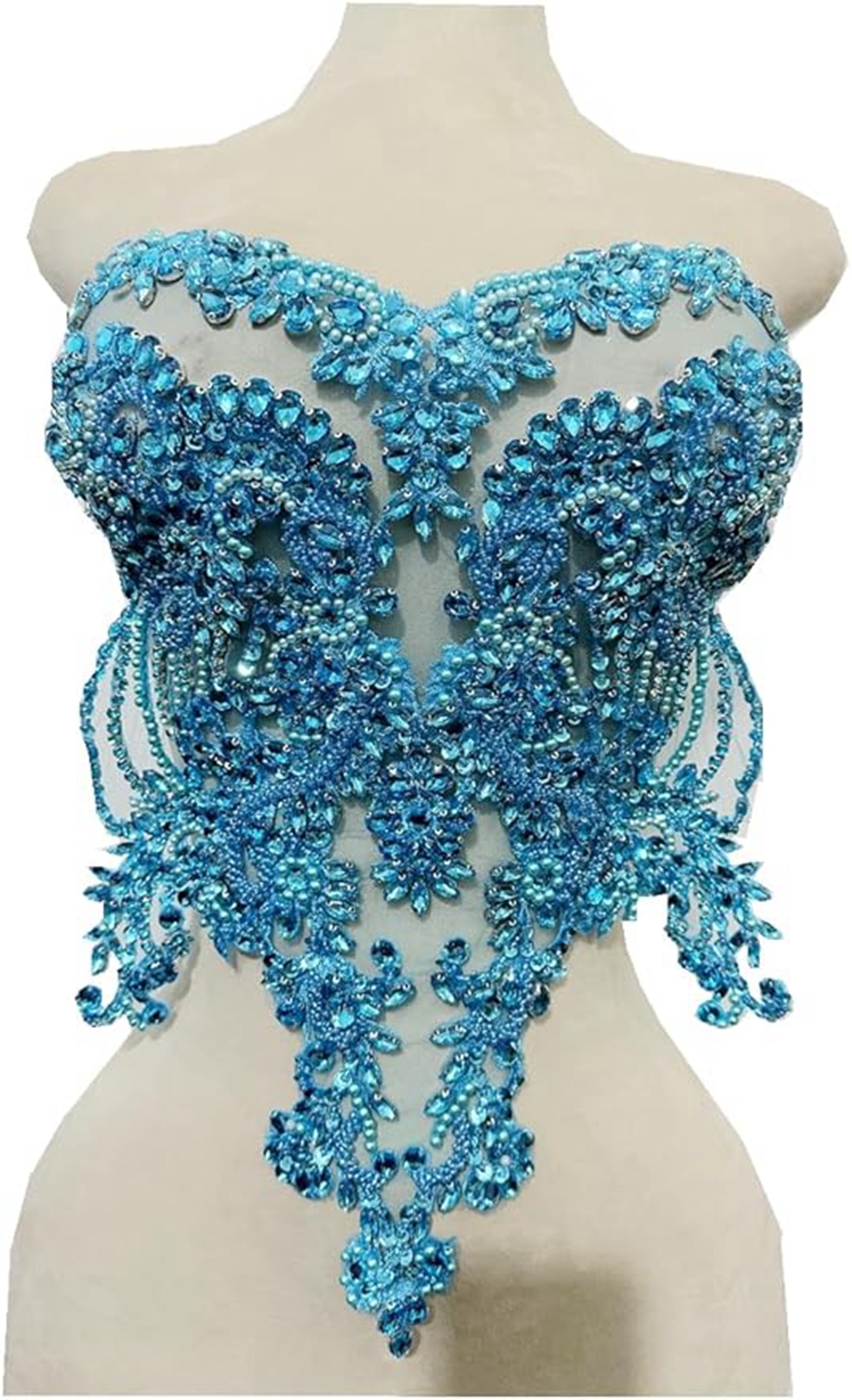 Pedrería hecha a mano dorada/azul/Verde/ren/blanca en corpiño de encaje, apliques de cuentas de costura, parches de adorno de piedras, accesorio para vestido: Azul cielo