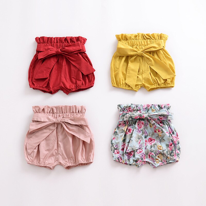 Pantalones cortos con volantes y lazo para niñas, Shorts con estampado Floral a cuadros, cintura elástica, PP, de verano, europeos y americanos