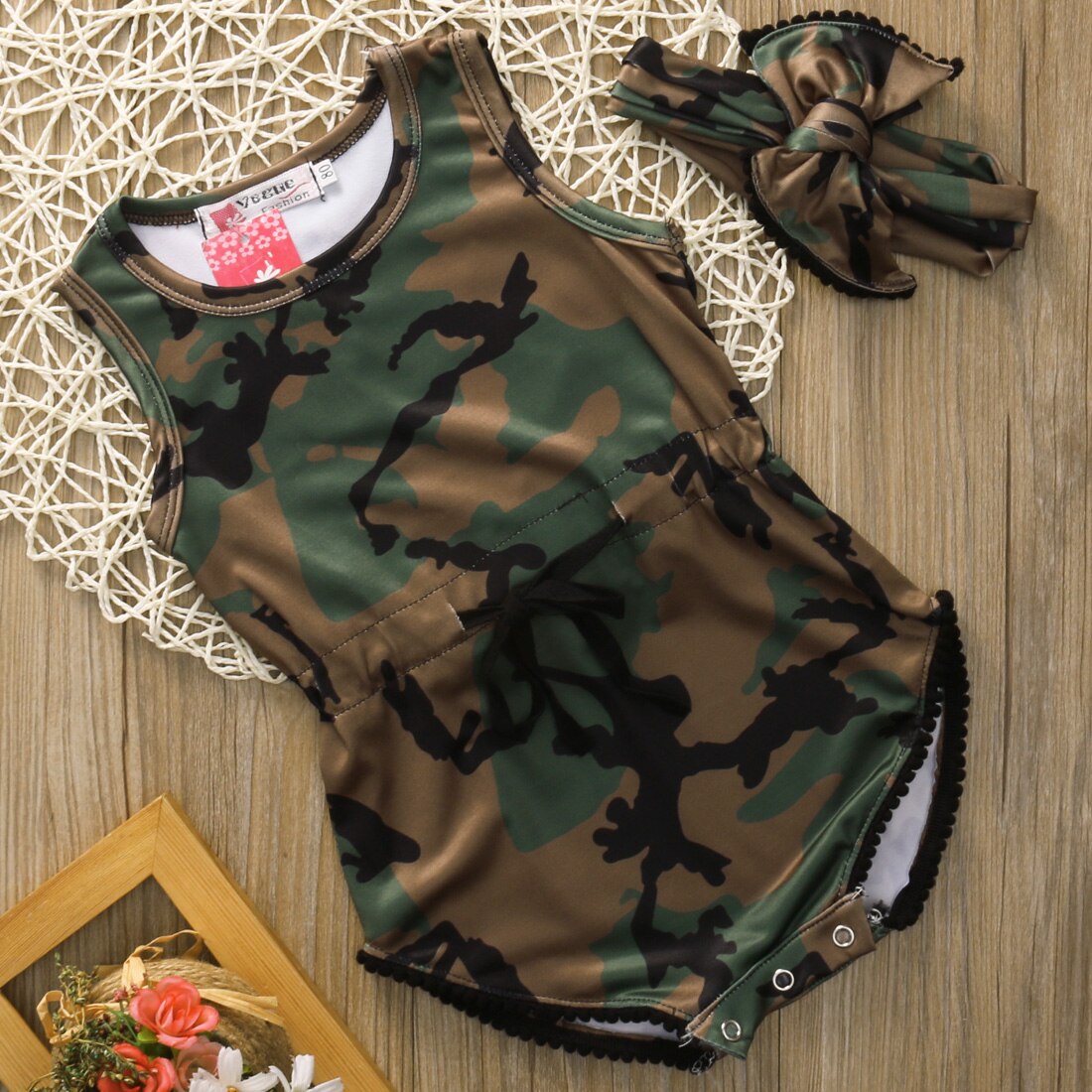 Peuter Kids Baby Jongens Meisjes Jumpsuit Kleding Sets Mouwloze Camouflage Baby Bodysuitheadband 2 Stuks Outfits Kids Romper Zomer