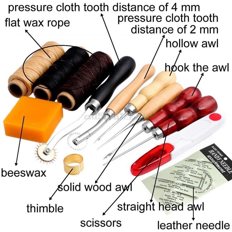 Dedal de madera encerado, tijera de aguja para coser cuero, Kit de herramientas para manualidades, accesorios de artesanía de cuero # H0VH # , 14 Uds.