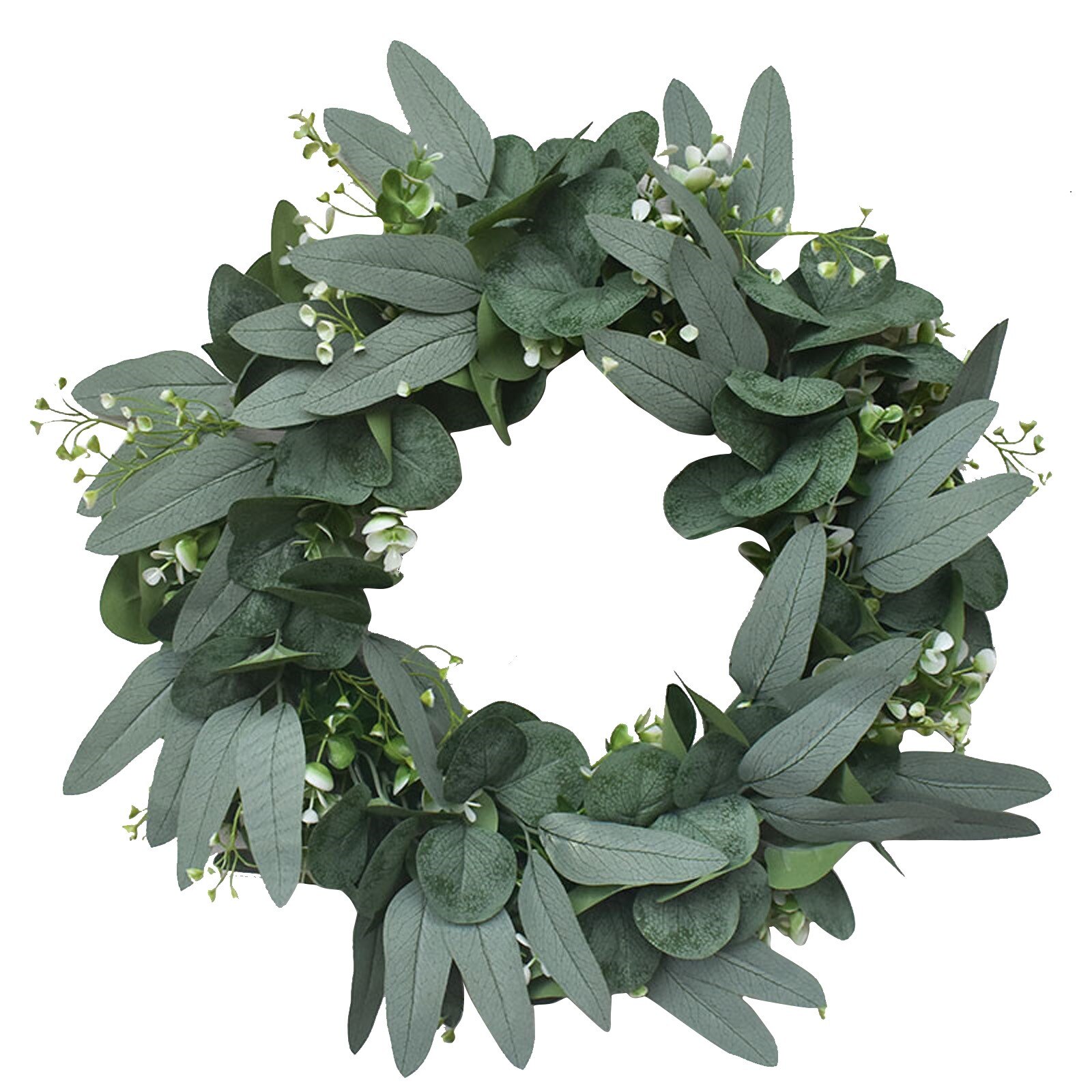 Artificial Green Eucalyptus Wreath,15 Inches Greenery Wreath With Clusters Of White Flowers Mini Spring/summer Wreath For Front: C